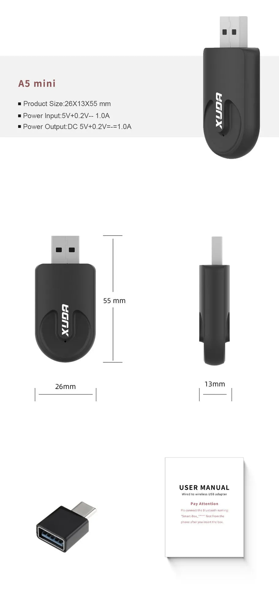 Black mini CarPlay USB interface wireless data adapter measuring 26mm x 55mm