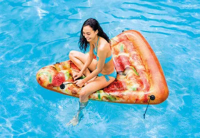 Pizza themed inflatable surfboard recliner floating on water with dimensions 175cm x 145cm