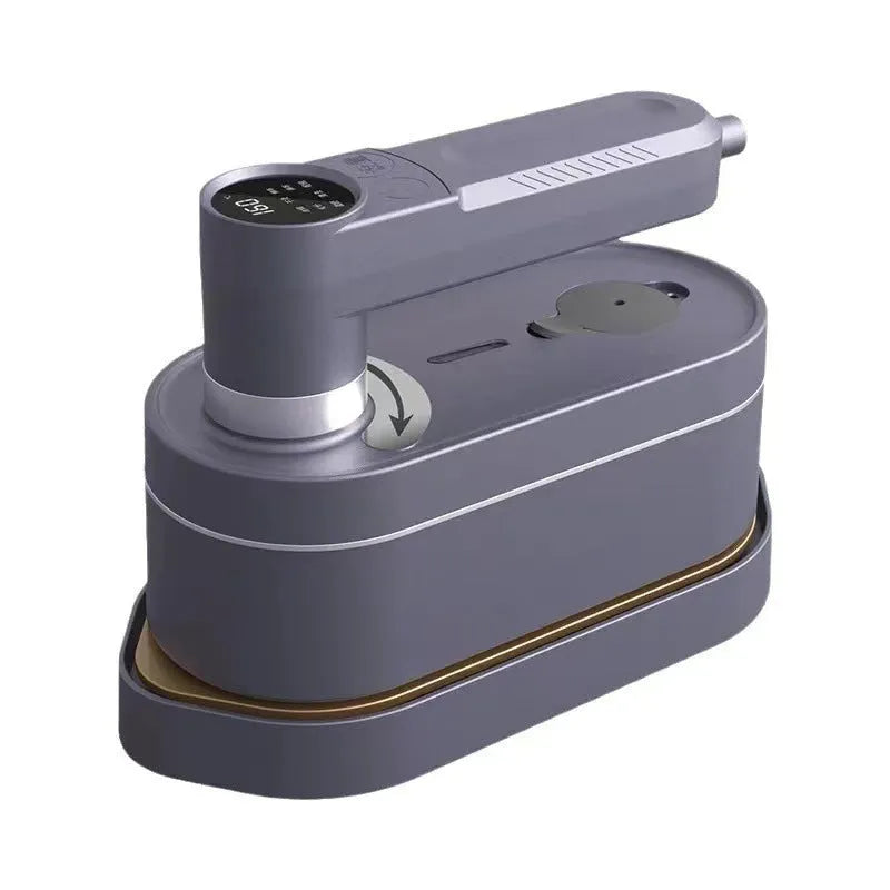 Digital display handheld steam and dry iron with metal soleplate and water tank in Elegant White on a holder