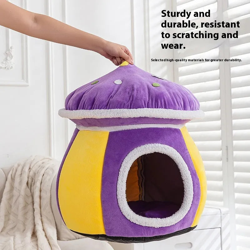 Grey mushroom-shaped plush cat nest with a canopy, shown detached to reveal its warm lining.