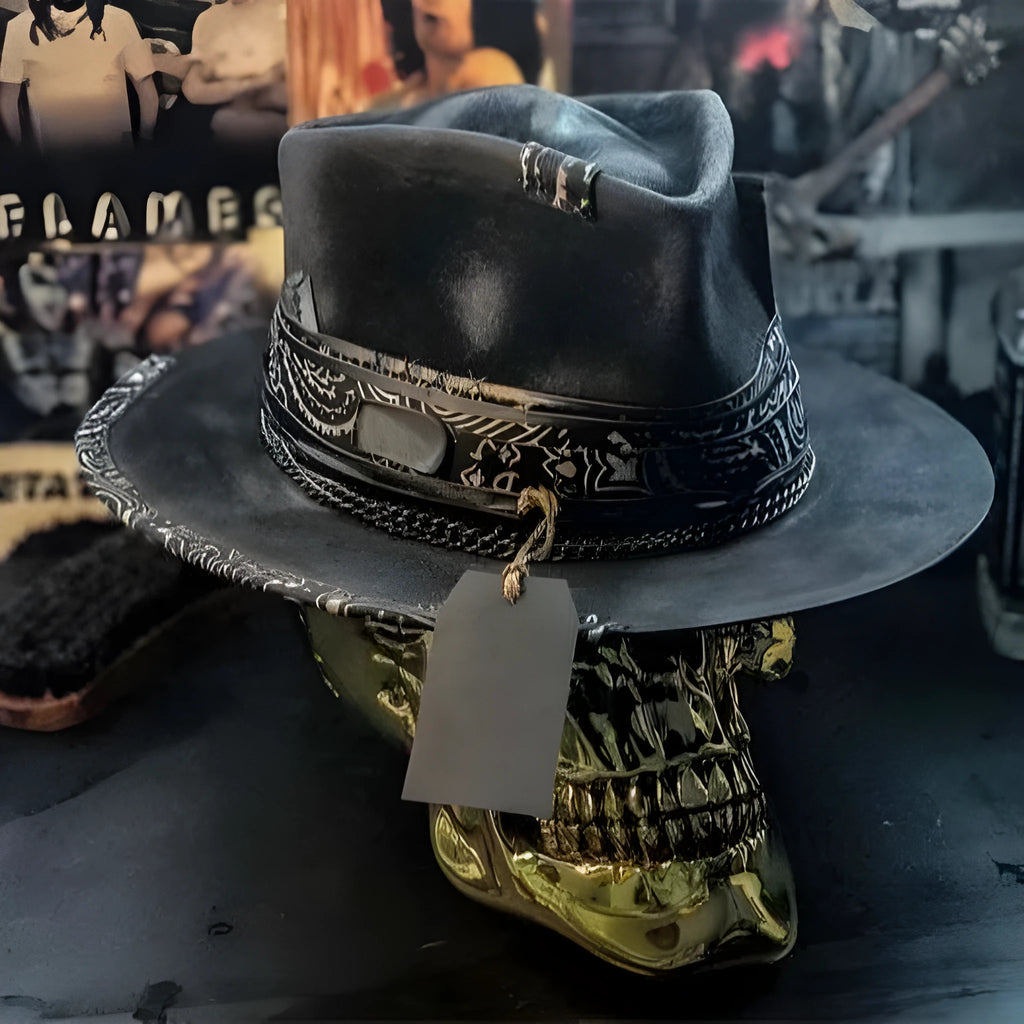 Handmade wool felt conical crown skull hat in denim style for Halloween