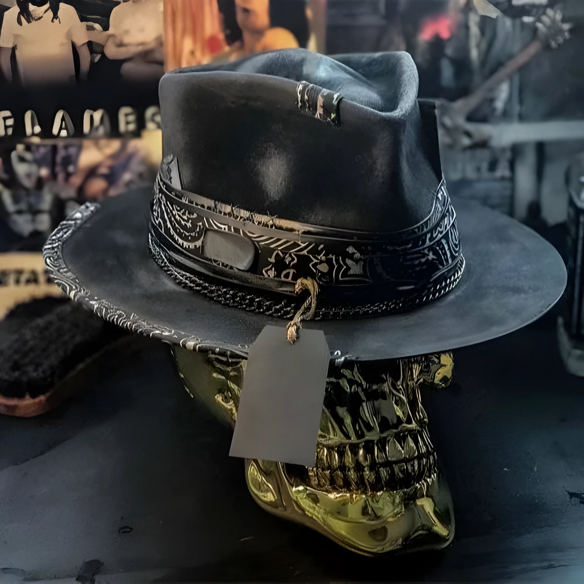 Handmade wool felt conical crown skull hat in denim style for Halloween