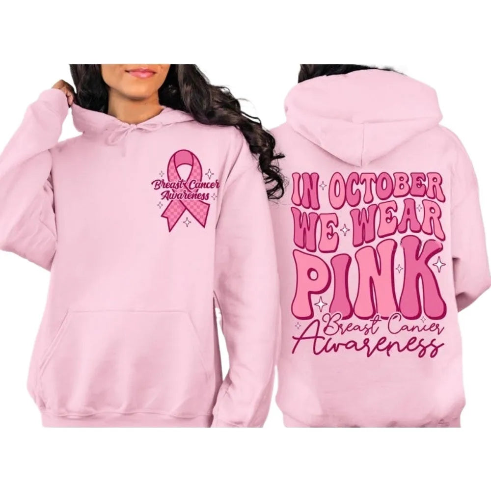 Breast Cancer Awareness hoodie with retro hot stamp design and side seam pocket in selected colour.