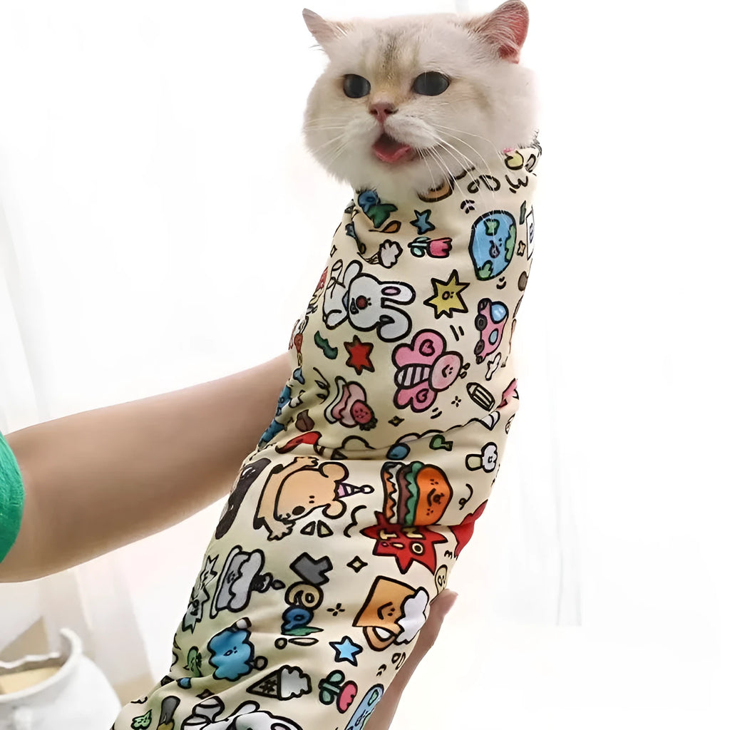Cartoon printed cat design nylon cosmetic bag shown in large, medium, and small sizes with Blue Puppy print.