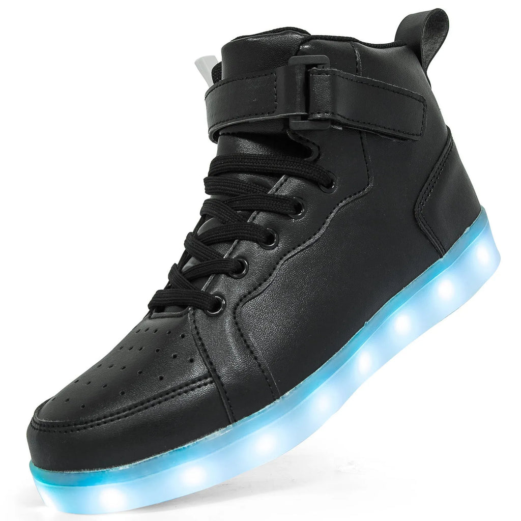 Rechargeable LED light-up high-top board shoes with Velcro closure in black, gold, and white colours