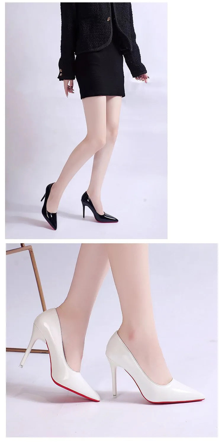 Women's black PU stiletto heel pump shoes with pointed toe and shallow mouth cutout design on white background