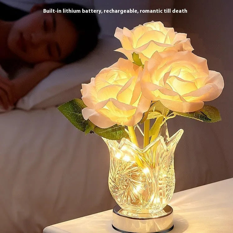 Modern crystal flowers rechargeable touch table lamp with dimming function on bedside table
