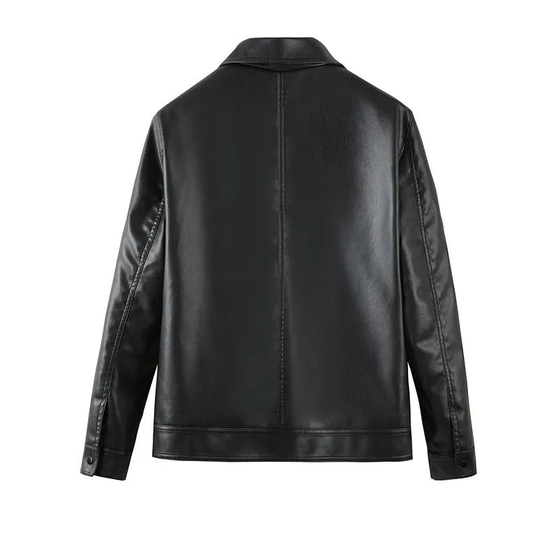 Men's solid black PU leather casual jacket with zipper pockets on a model.