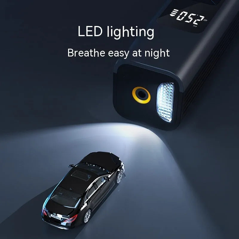 Wireless digital display car air pump and vacuum cleaner with USB-C cable and accessories.