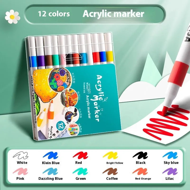 Box of acrylic marker pens for student painting with true colour ink in multicolour plastic barrels