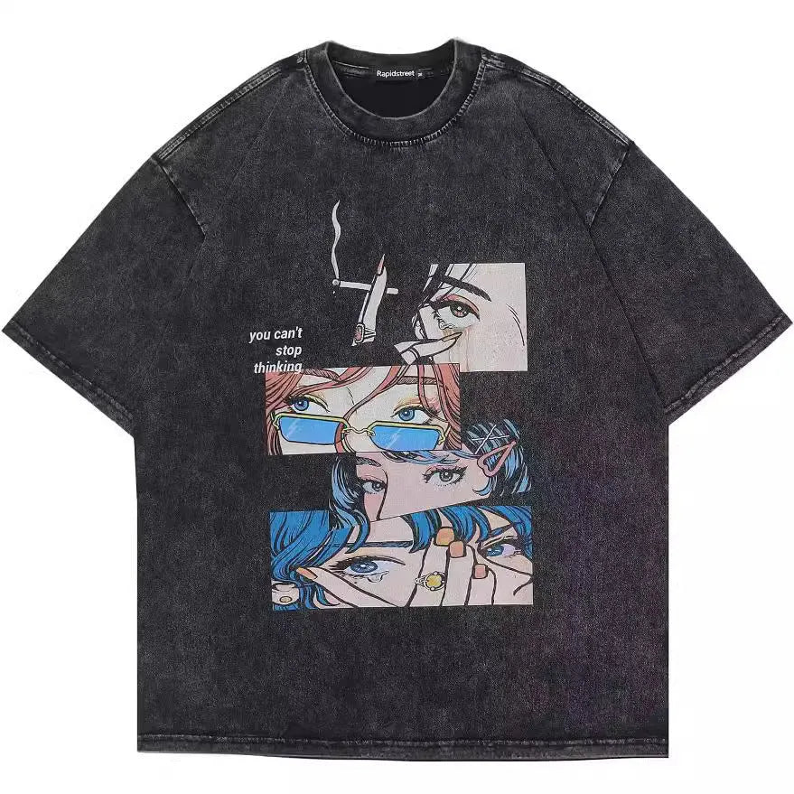 Man wearing a black cotton T-shirt with a cartoon print, showing loose fit and short sleeves.