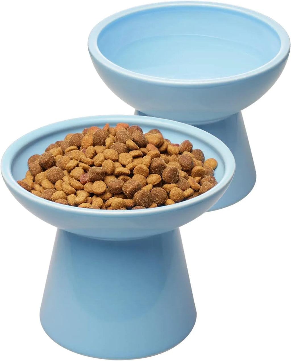 Blue ceramic elevated cat food bowl with wide shallow dish and raised base