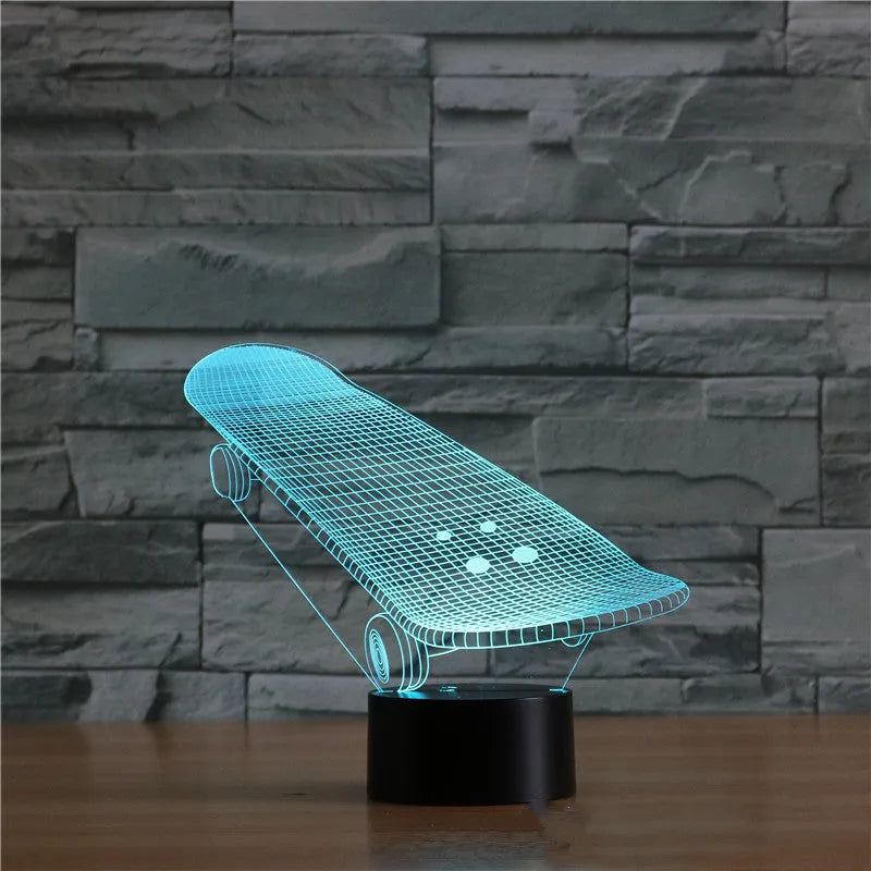 Skateboard shape colourful touch LED night light with acrylic panel and ABS base, USB powered