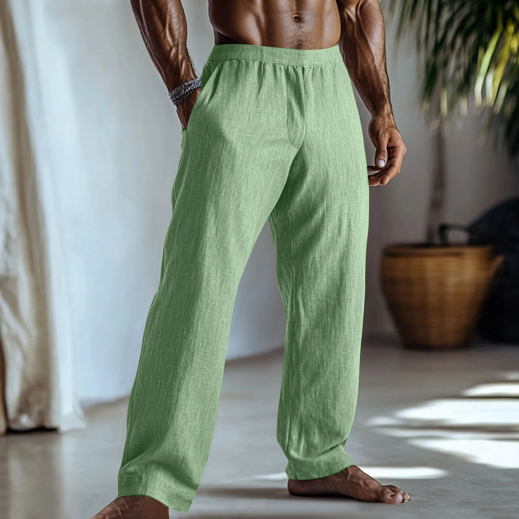 Cotton linen straight-leg trousers in British style with pockets