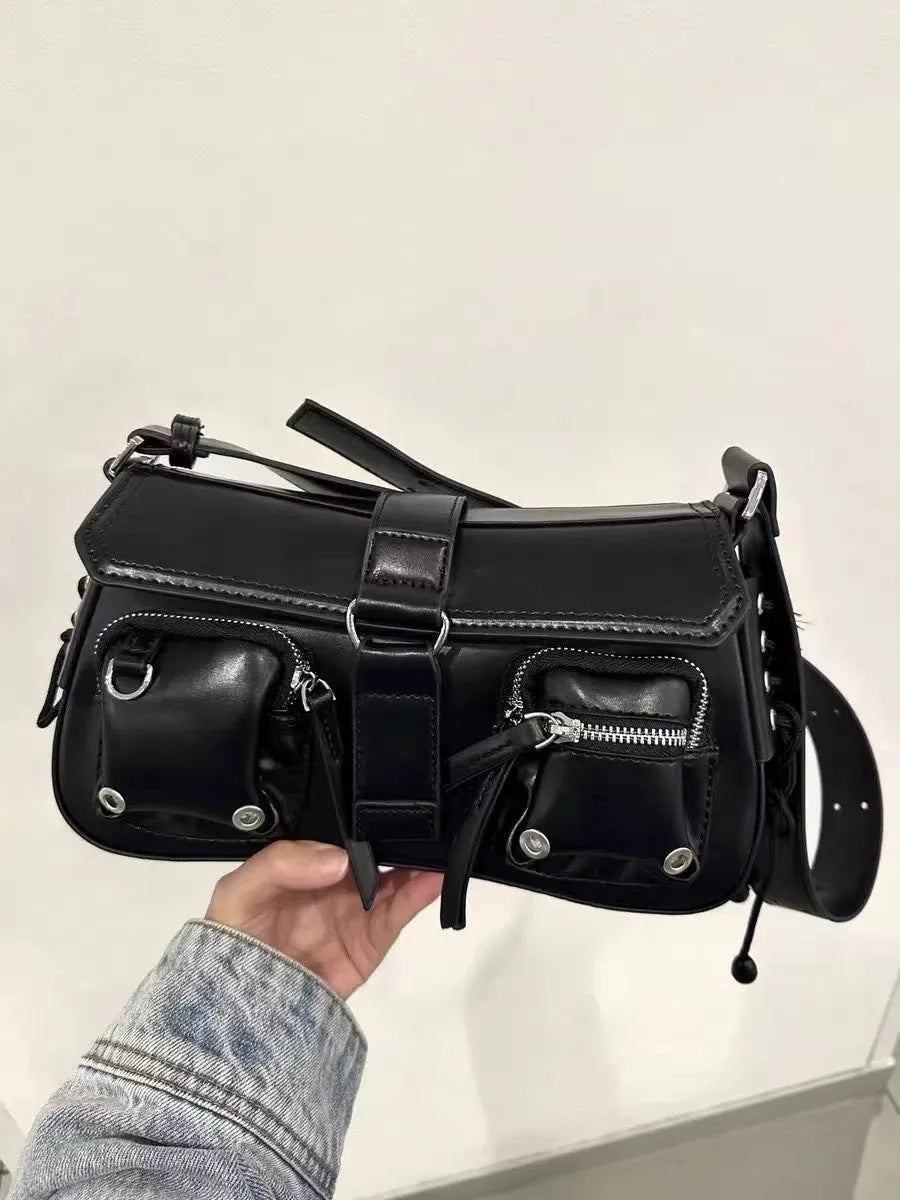 Black women's underarm baguette messenger bag with adjustable shoulder strap