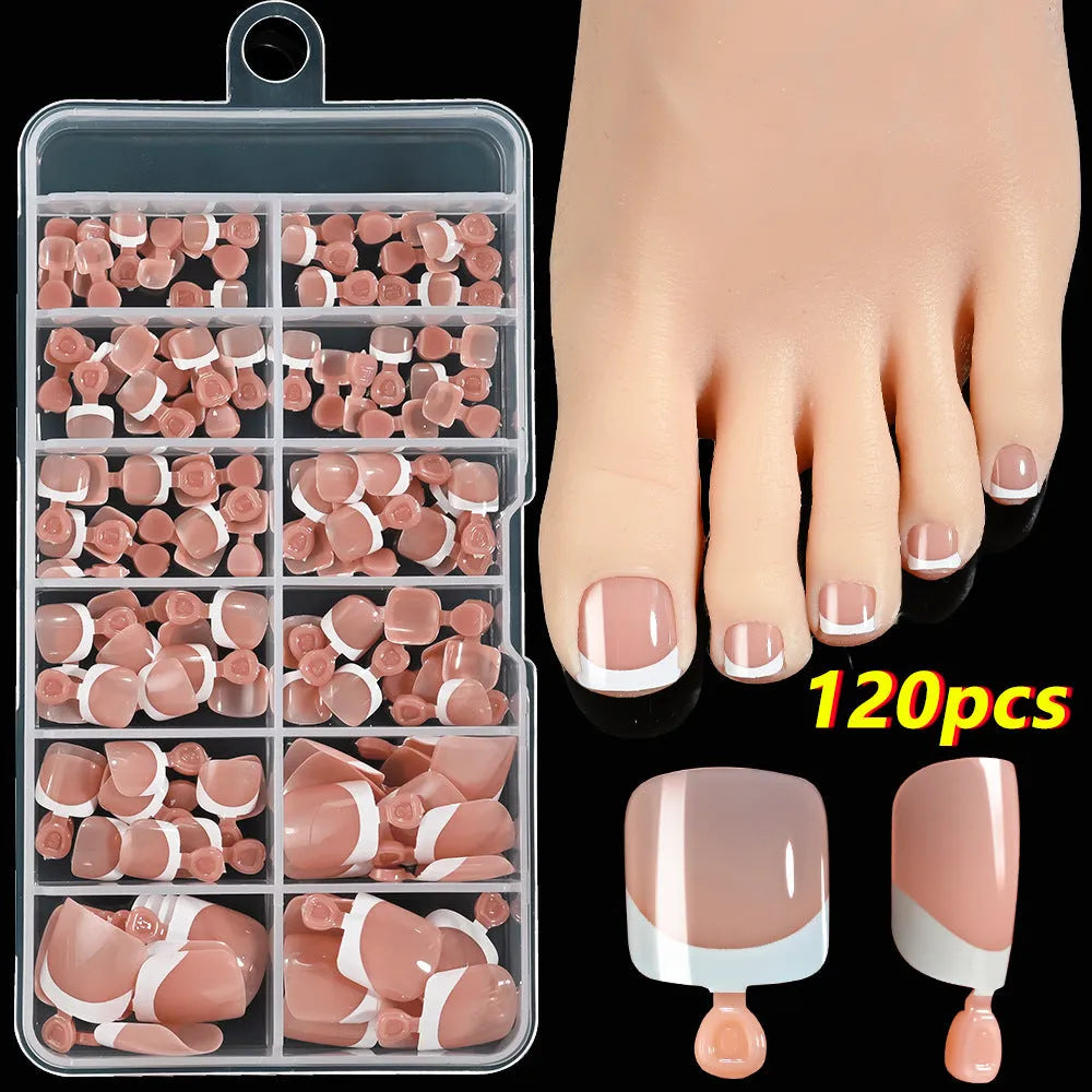 Box of 120 French tip artificial toenails in full square short shape with nine nude colour options