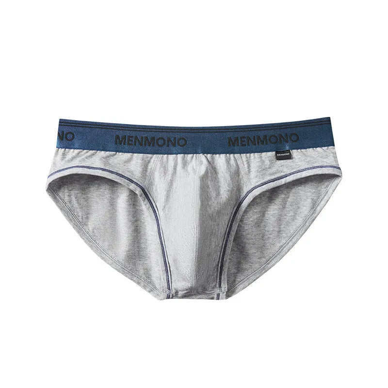 Men's low waist cotton briefs in a grey and red colour-block pattern.