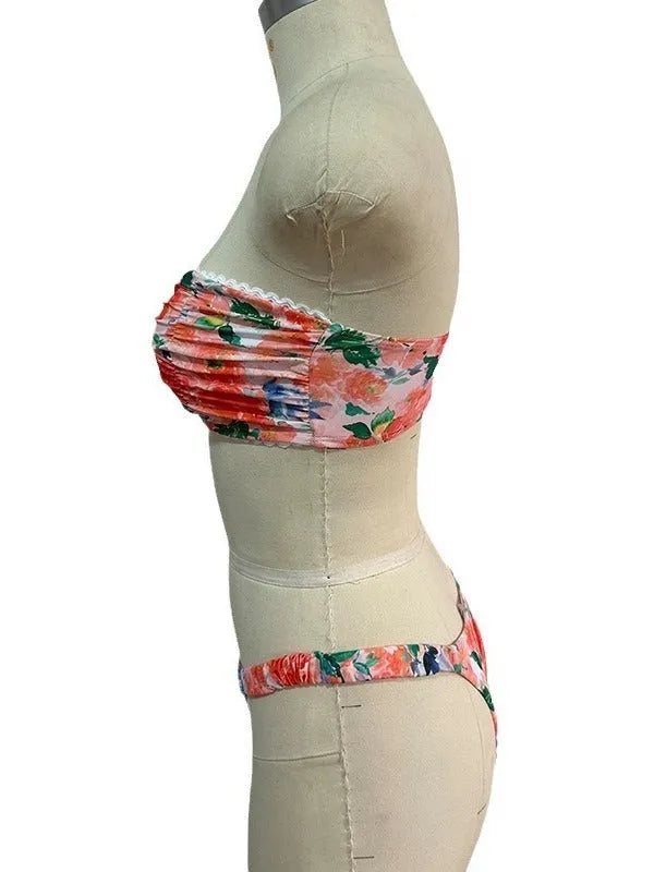 Colourful floral print polyester bikini set with lace details and backless design