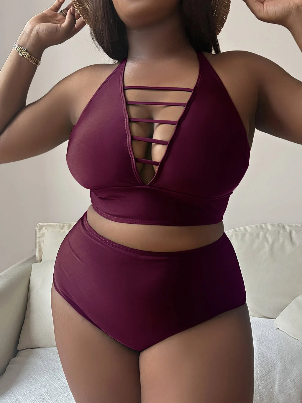Plus size halter bikini set with adjustable straps and high waist briefs in solid colour