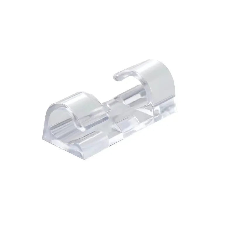 Transparent self-adhesive plastic cable management clips in a pack of 20 pieces.
