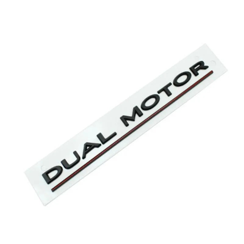 Tesla Model 3 dual motor performance sticker in black and red on a car bumper