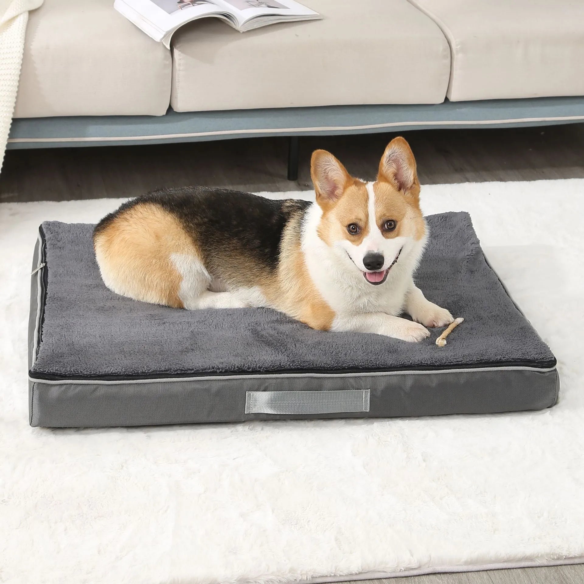 Removable washable sponge dog bed mat in brown, shown in a 90x70cm size.