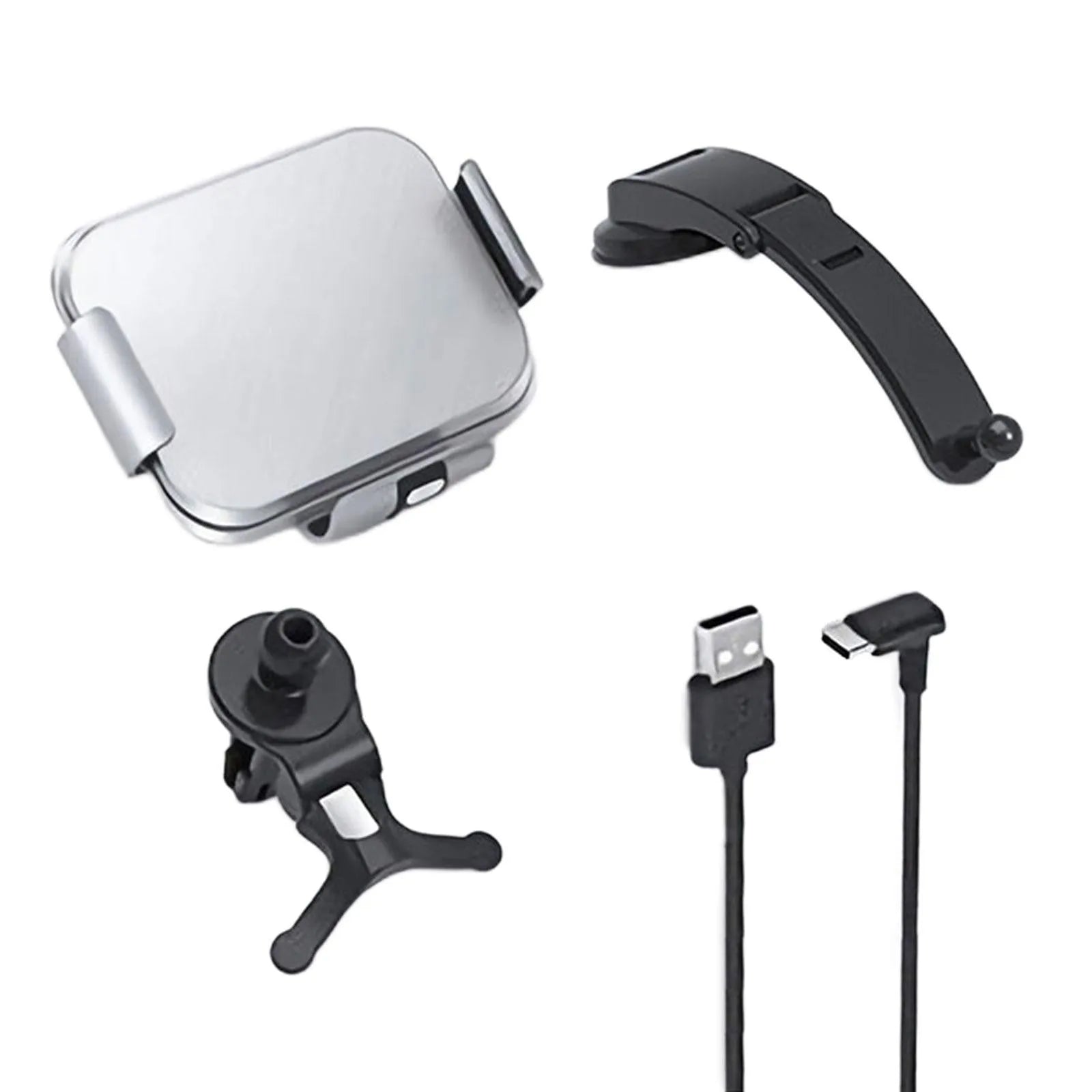 Grey wireless charging car phone holder with folding screen shown with air vent clip and suction cup mount