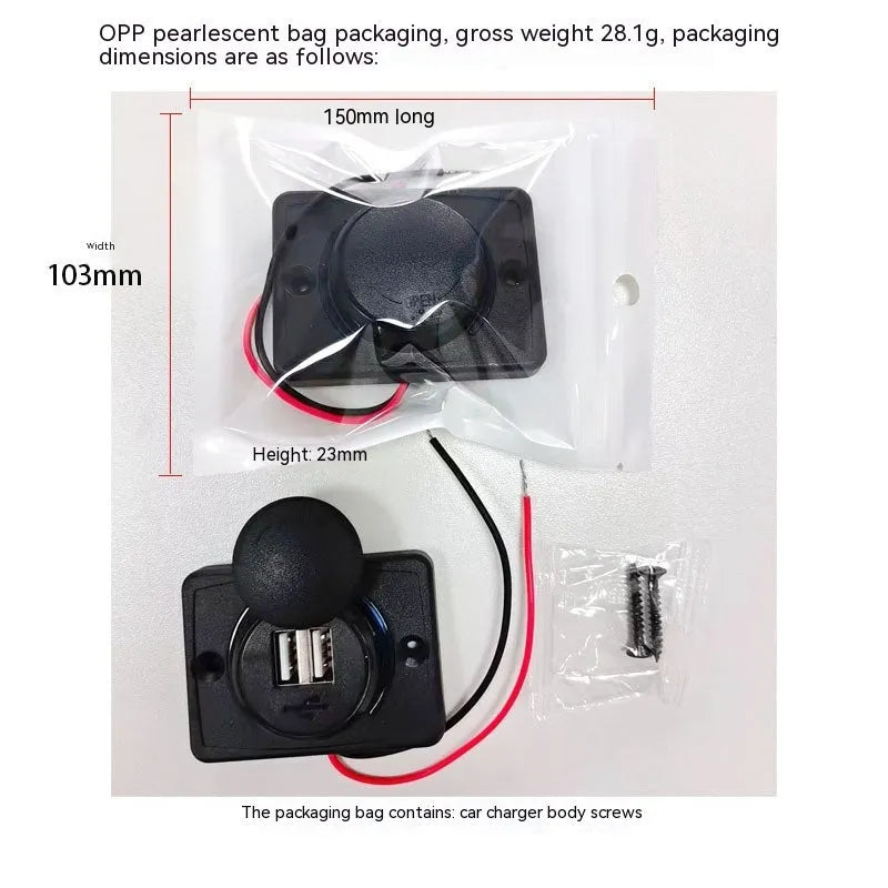 Black 12V dual USB car charger with 3.1A output and mounting screws