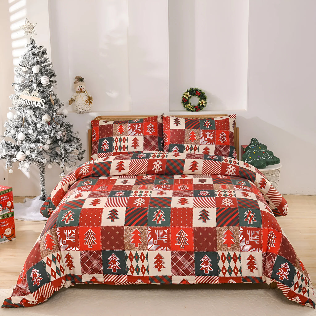 Christmas red plaid pattern quilt cover and pillowcases on a bed, European style bedding three-piece set