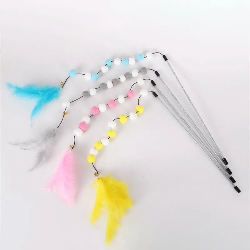 31cm long cat teaser rod with pompon feather and bell attachments in multiple colour options