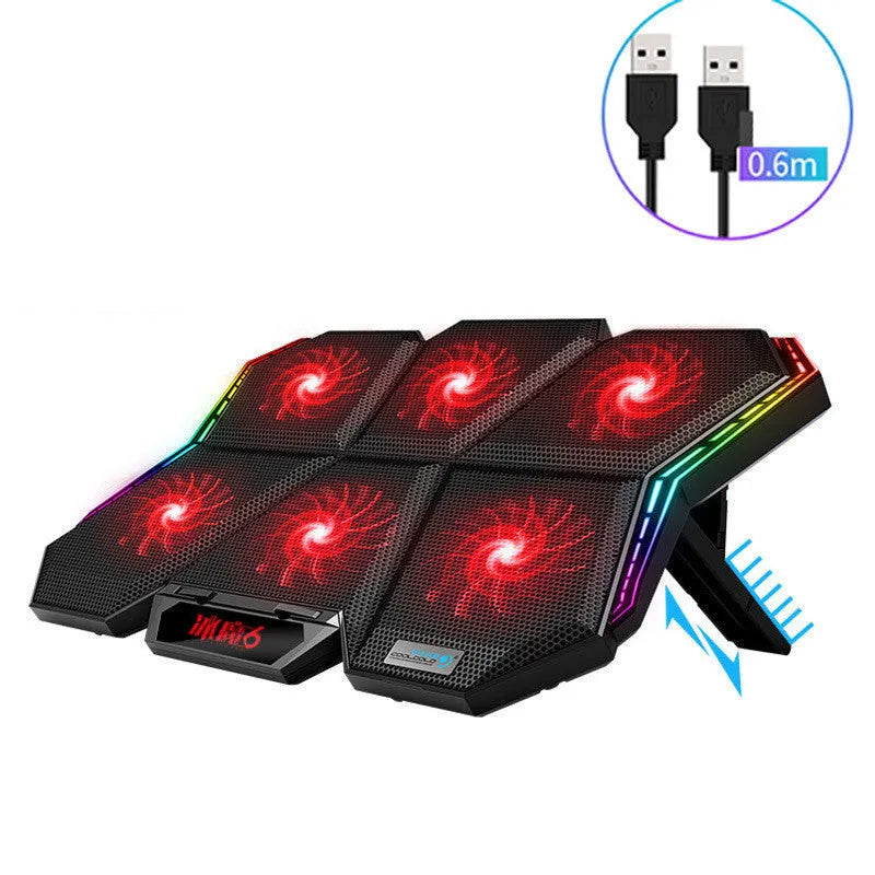 Ice Magic 6 fan notebook cooling pad with black and red plastic housing and USB cable.