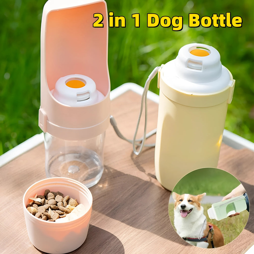 Green portable pet water bottle and food feeder with attached lanyard, showing transparent cup design.