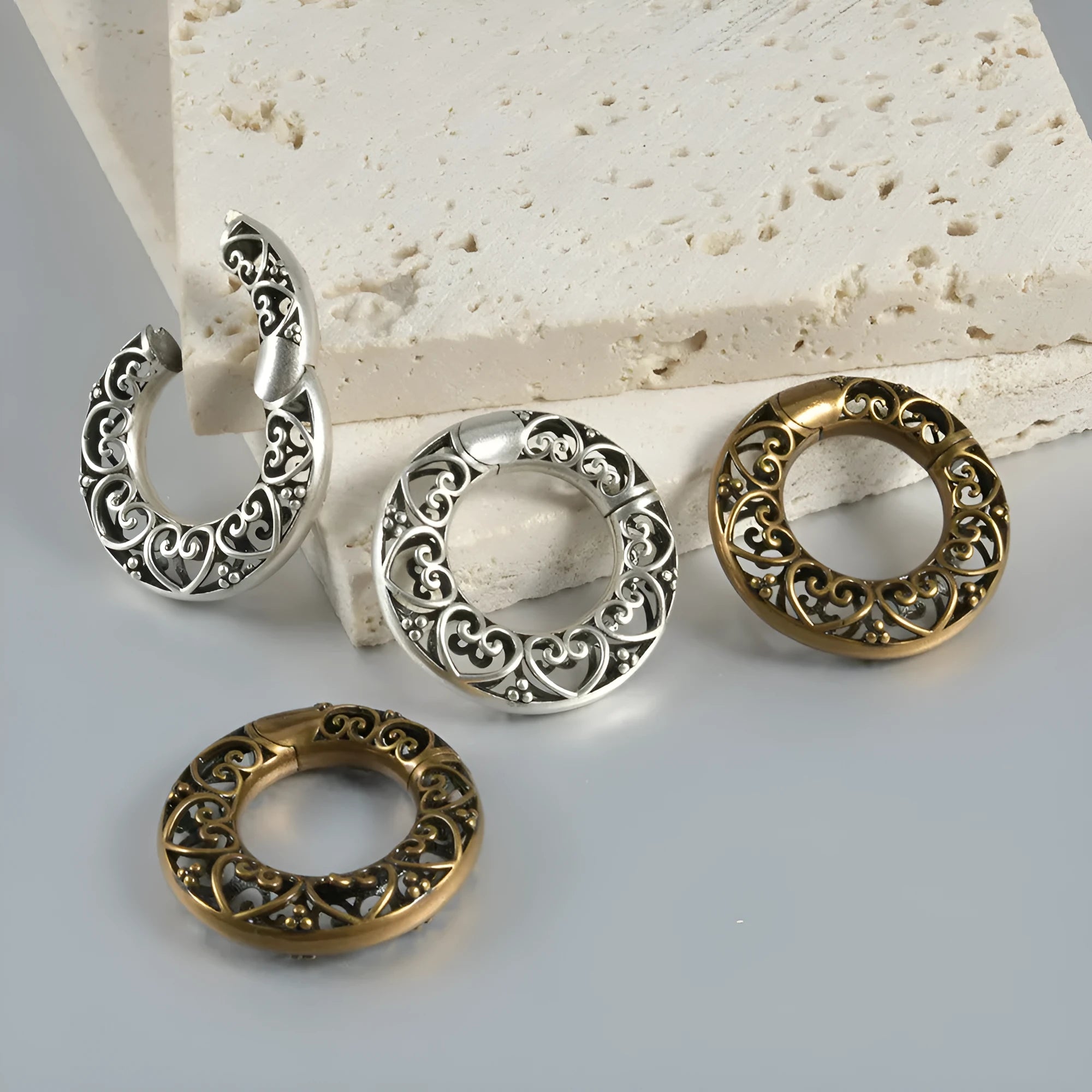 Retro magnetic earrings with hollow heart or lotus shapes in antique silver or ancient gold