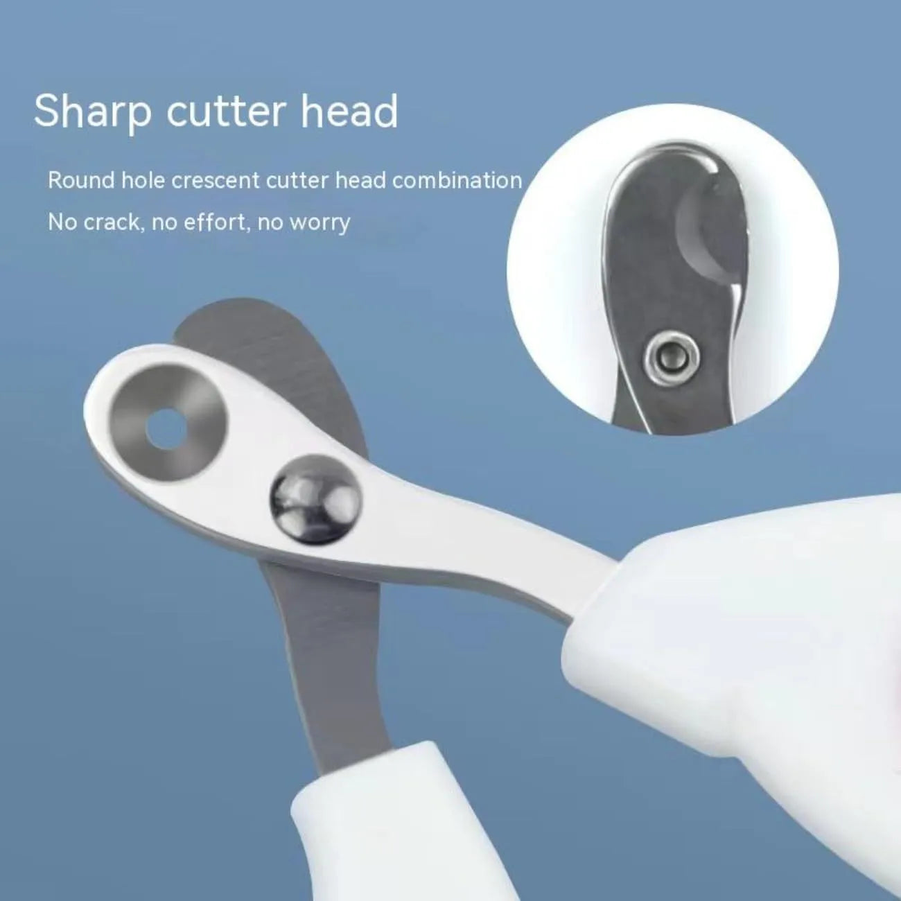 Blue cat nail clippers with circular cut hole and cushioned handle for safe pet nail trimming