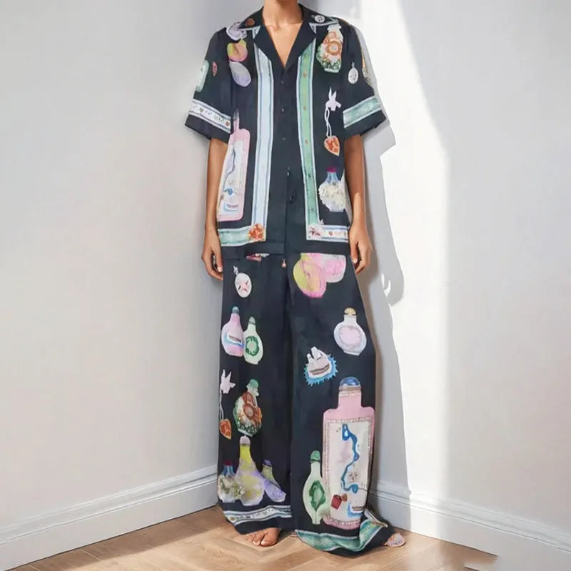 Black women's cardigan and trousers set with cartoon pattern in sizes S M L XL 2XL 3XL