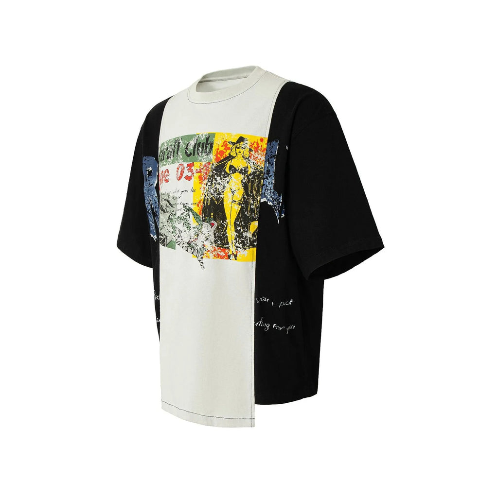 Black and white broken collage print on a loose-fit cotton blend t-shirt.