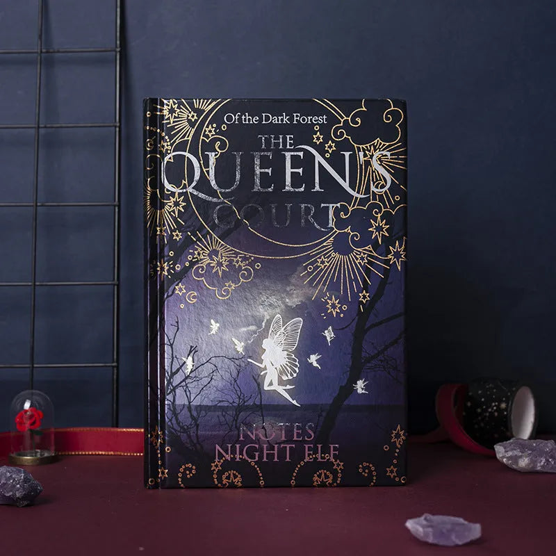A5 luminous hardcover notebook with retro night elves design, showing blue and purple colour options.