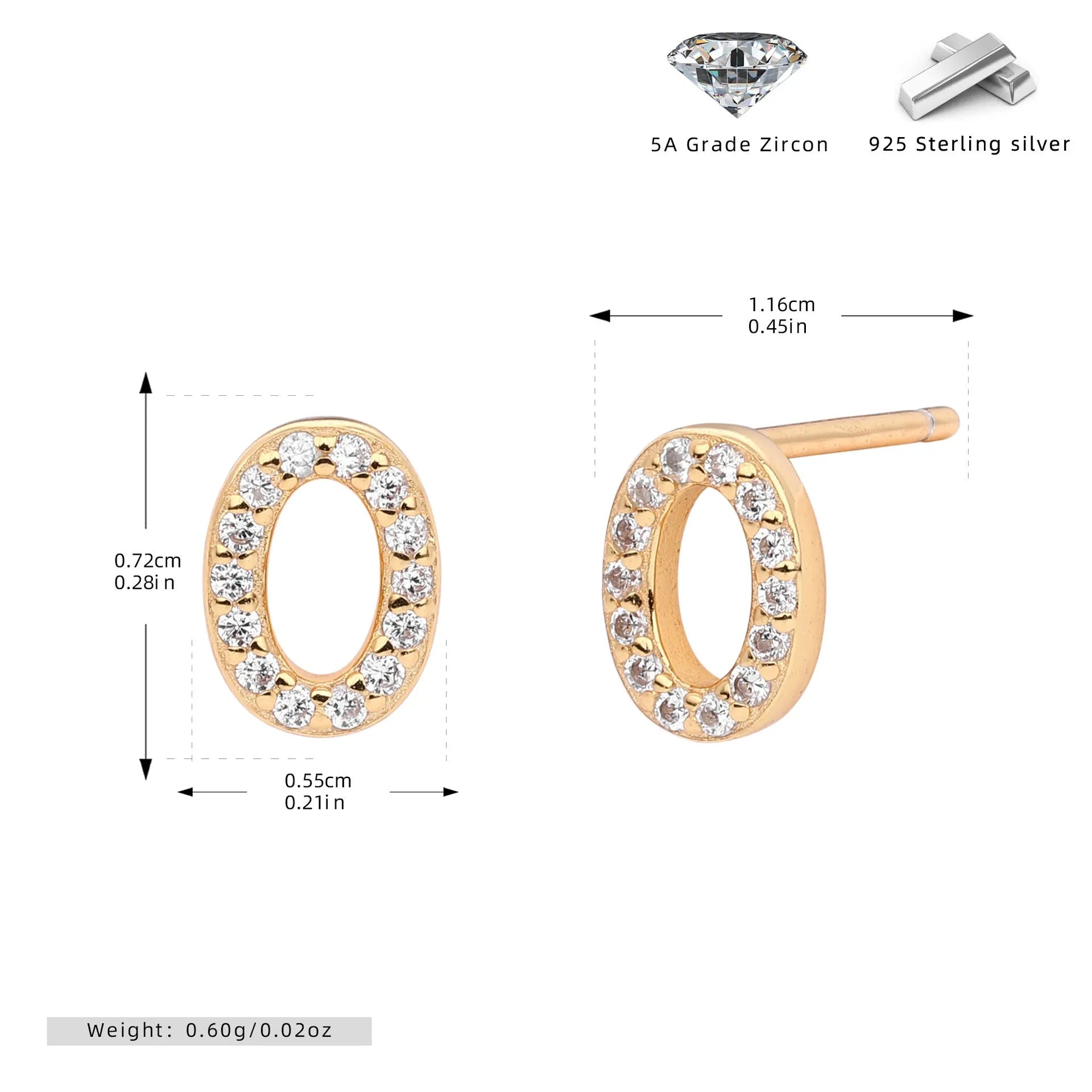 925 silver letter ear stud with electroplated gold finish, alphabet motif
