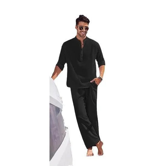 Men's solid colour casual cotton suit with long sleeve top and full-length trousers