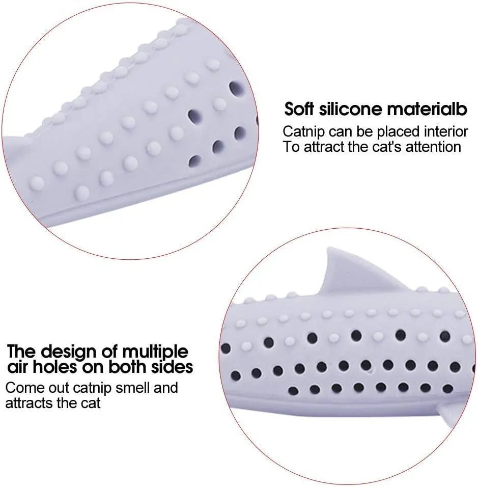 Silicone fish-shaped cat chew toy in green with breathable side holes for catnip