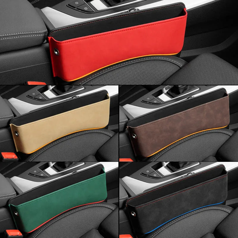 Leather car seat storage box in beige colour on a car seat.