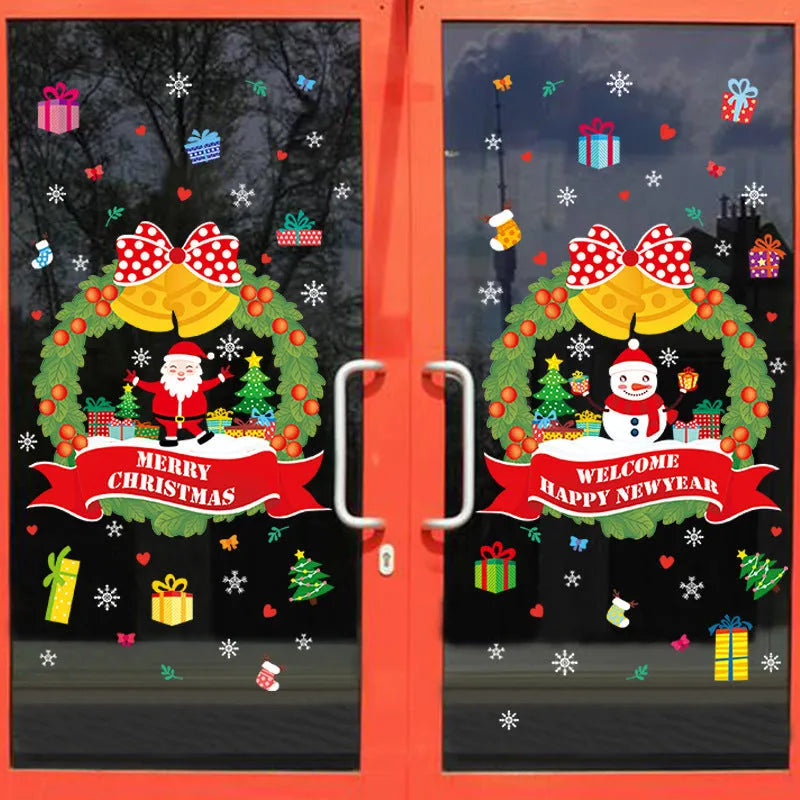 Two large colourful cartoon pattern electrostatic cling wall stickers on a glass window.