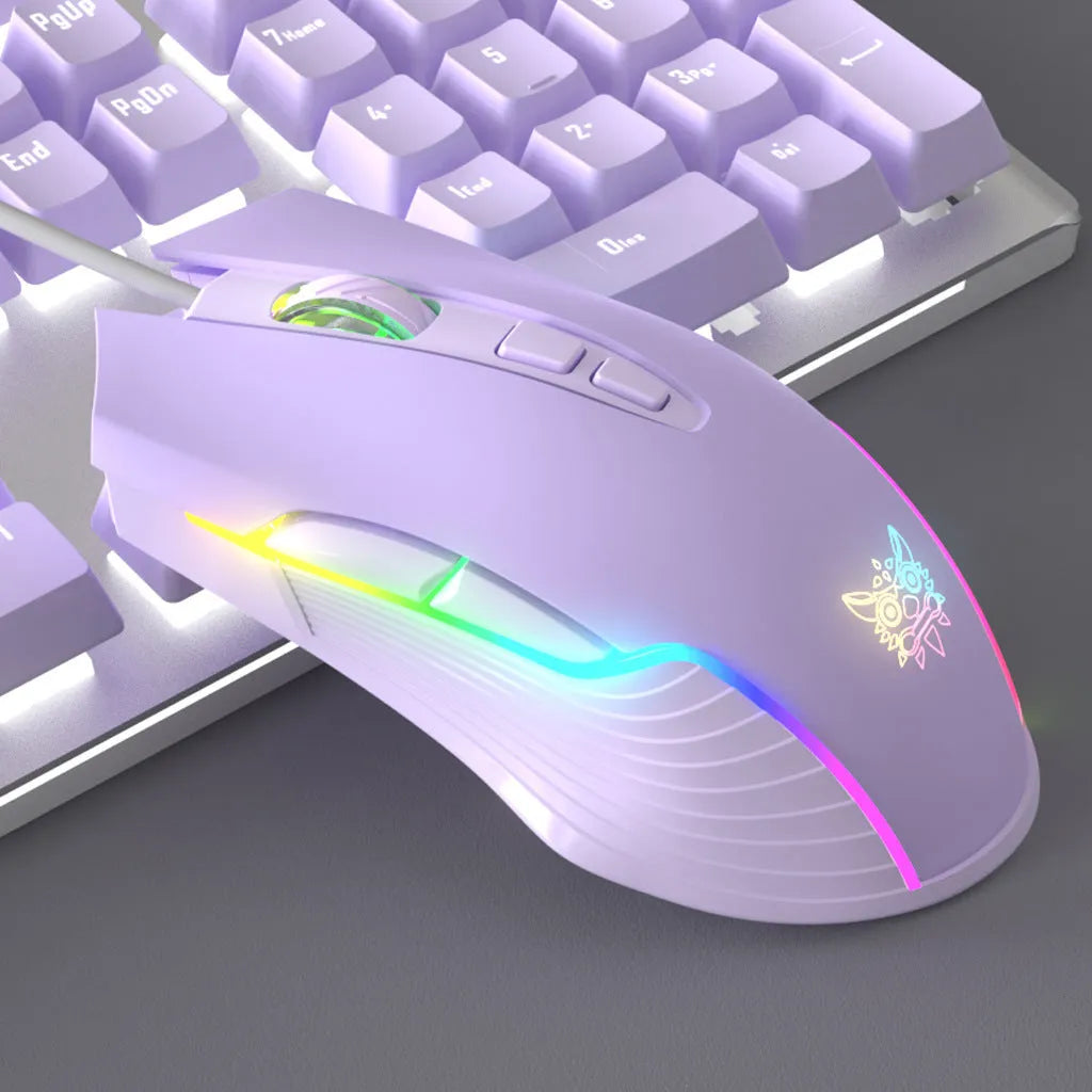 Purple mechanical keyboard and mouse gaming set with backlight and matching headphones