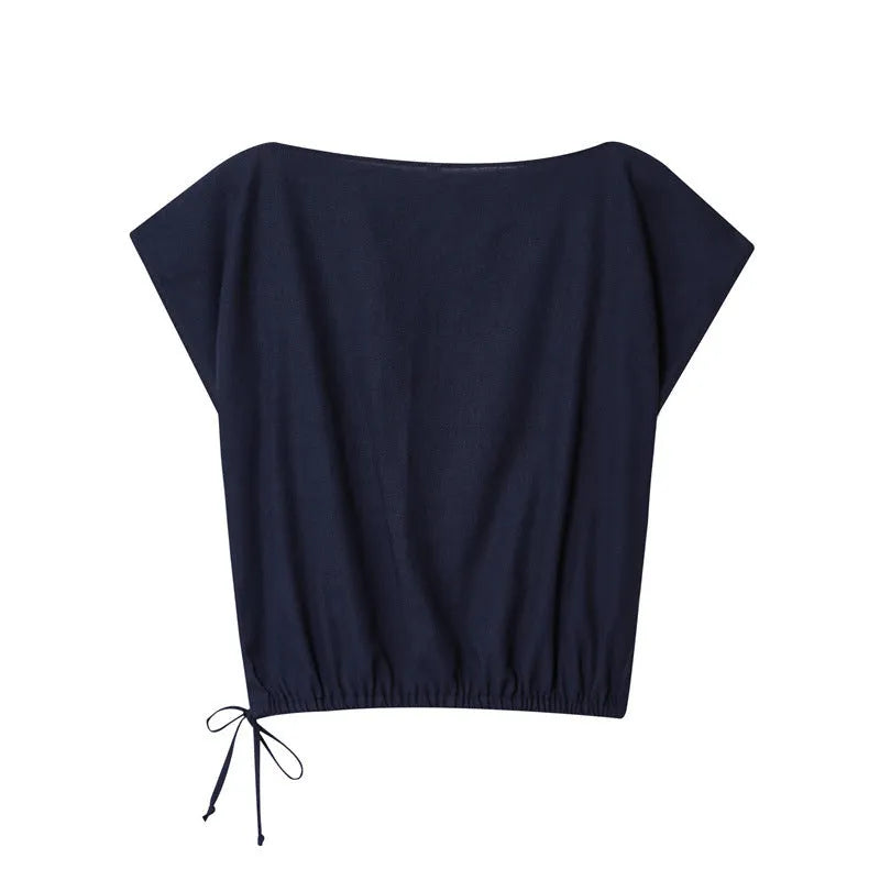 Women's linen blended shirt and wide leg trousers set with flounced sleeves in office-appropriate styling