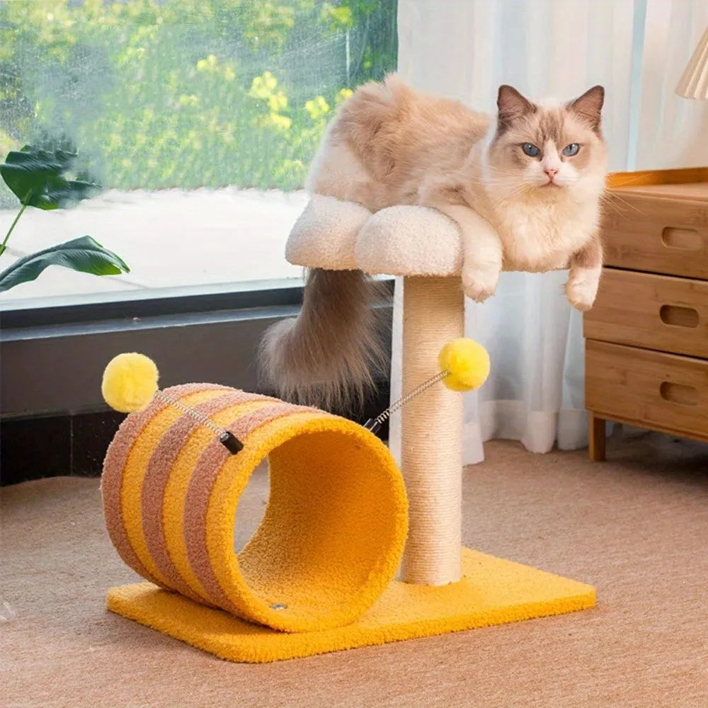 Yellow bee-themed cat climbing frame with sisal scratching surface and tunnel, dimensions 46x36x25cm