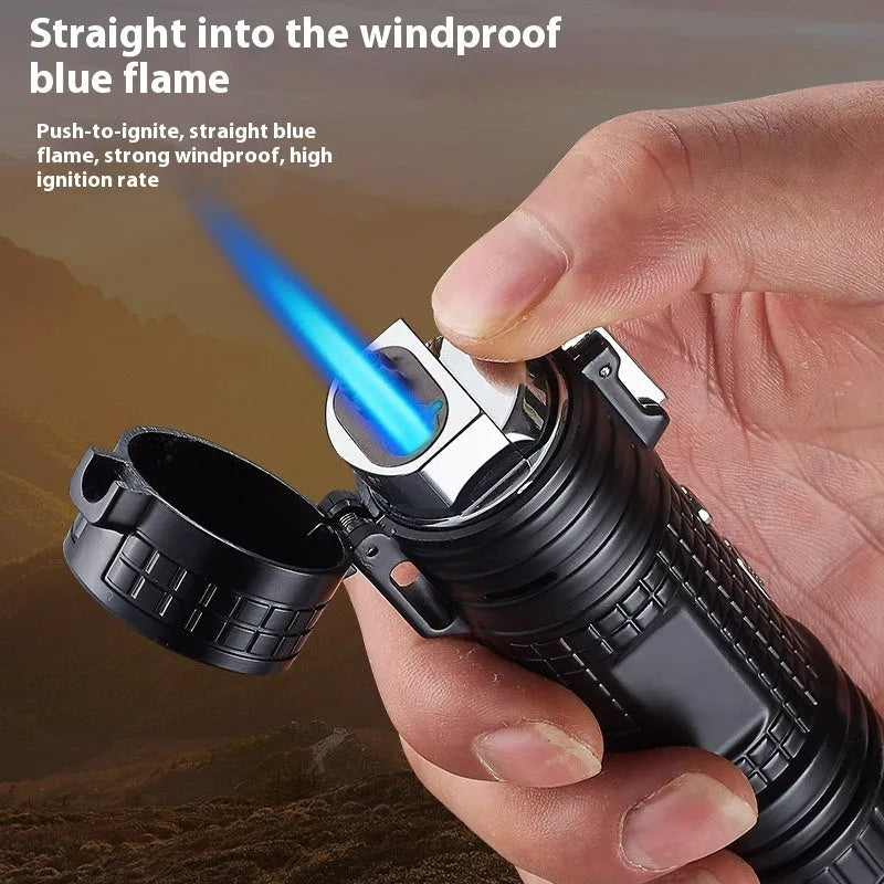 TH727 metal multifunctional flashlight lighter shown in camouflage, red, black, blue, and yellow colour options.