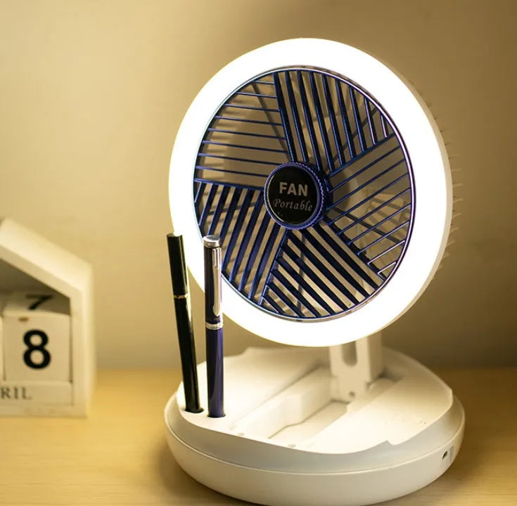 Blue USB charging foldable table fan with LED light showing wall mounting option and 300° tilt adjustment