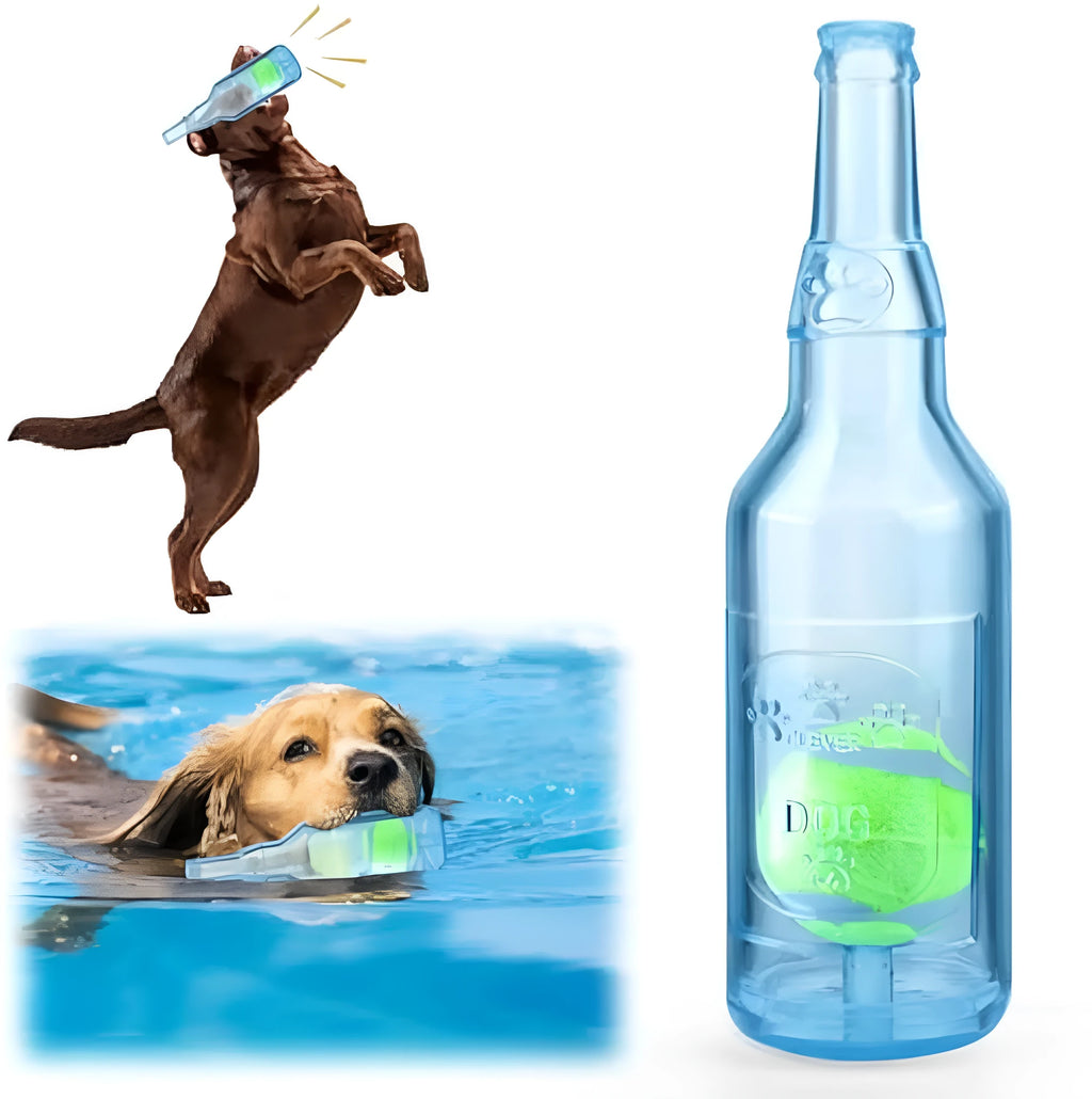 Blue green red natural rubber dog water bottle chew toy with squeaker floating in water
