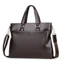 Men's black and brown PU leather shoulder messenger bag with splicing design.