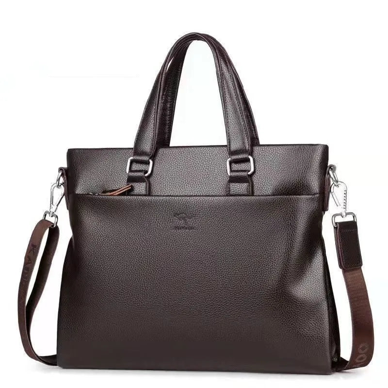 Men's black and brown PU leather shoulder messenger bag with splicing design.
